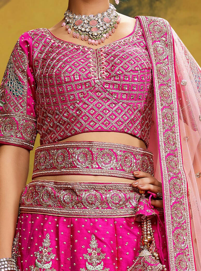 House of Panchhi Pink Pure Silk Moti & Zarkan heavy embroidery Lehenga choli & Dupatta | Grocsy