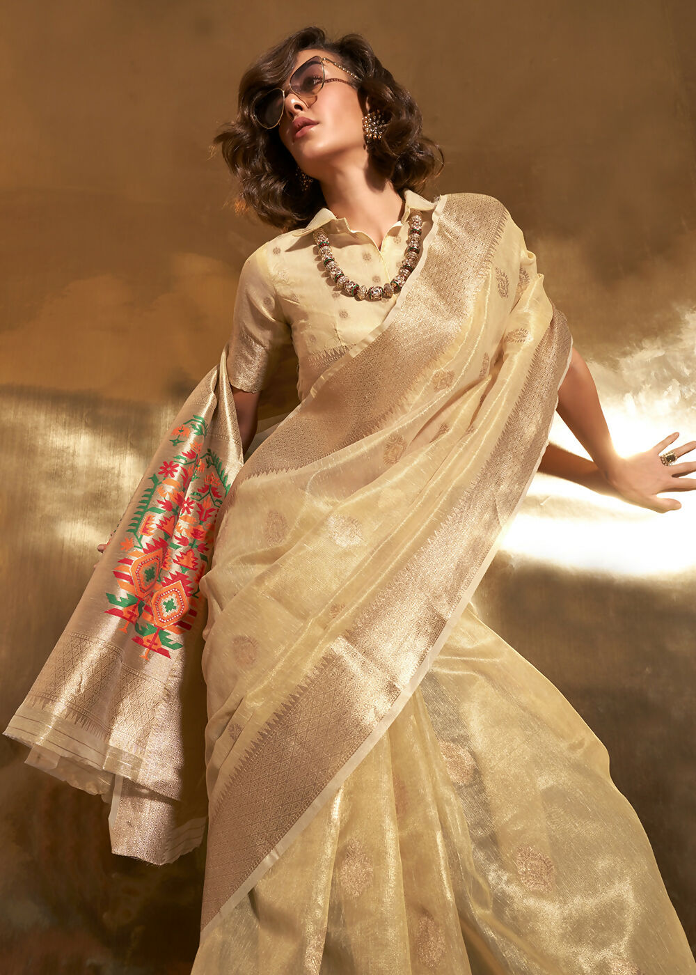 Golden Handwoven Tissue Fabric Festive & Party Style Saree - Emponline | Grocsy