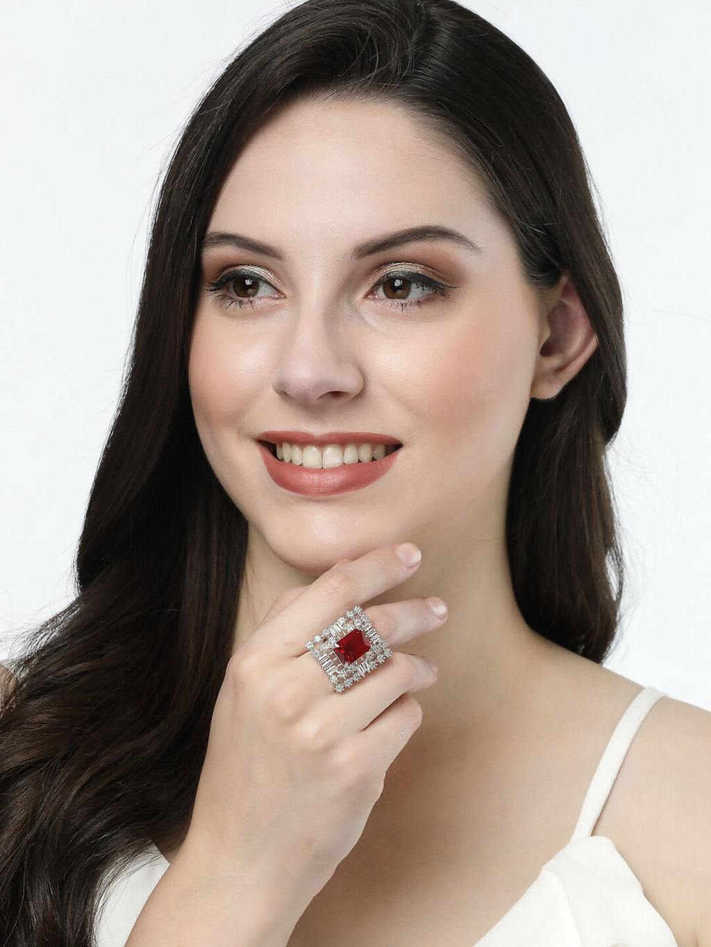 NVR Women's Red & Silver CZ-Studded Square-Shaped Adjustable Finger Ring | Grocsy