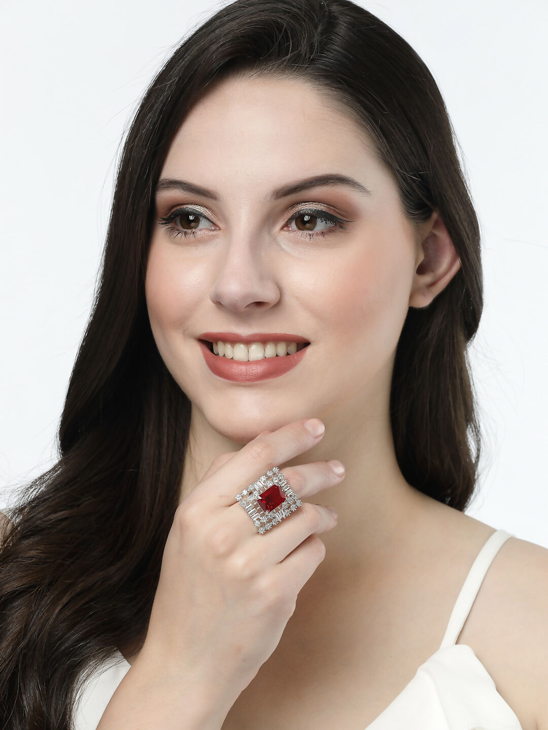 NVR Women's Red & Silver CZ-Studded Square-Shaped Adjustable Finger Ring | Grocsy