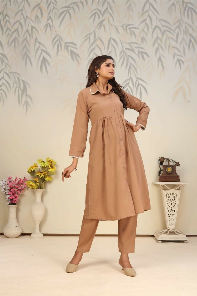 Jyoti Fashion Women's Beige Rinkal Cotton Plain with Side Pocket Kurtis & Sets | Grocsy