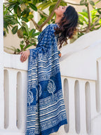 Zibaa Hand-Blocked Pure Mul Cotton Indigo Saree | Grocsy