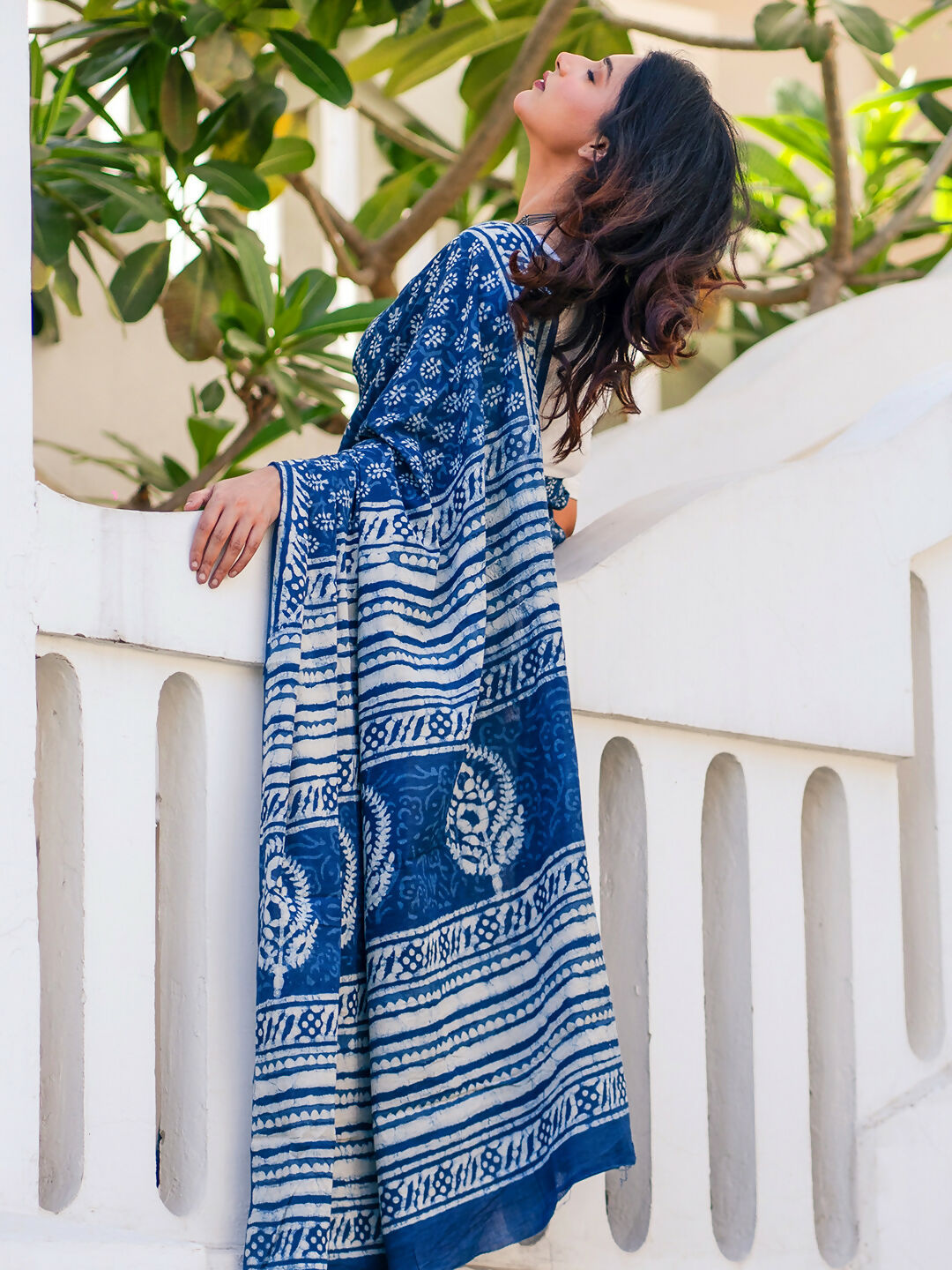 Zibaa Hand-Blocked Pure Mul Cotton Indigo Saree | Grocsy