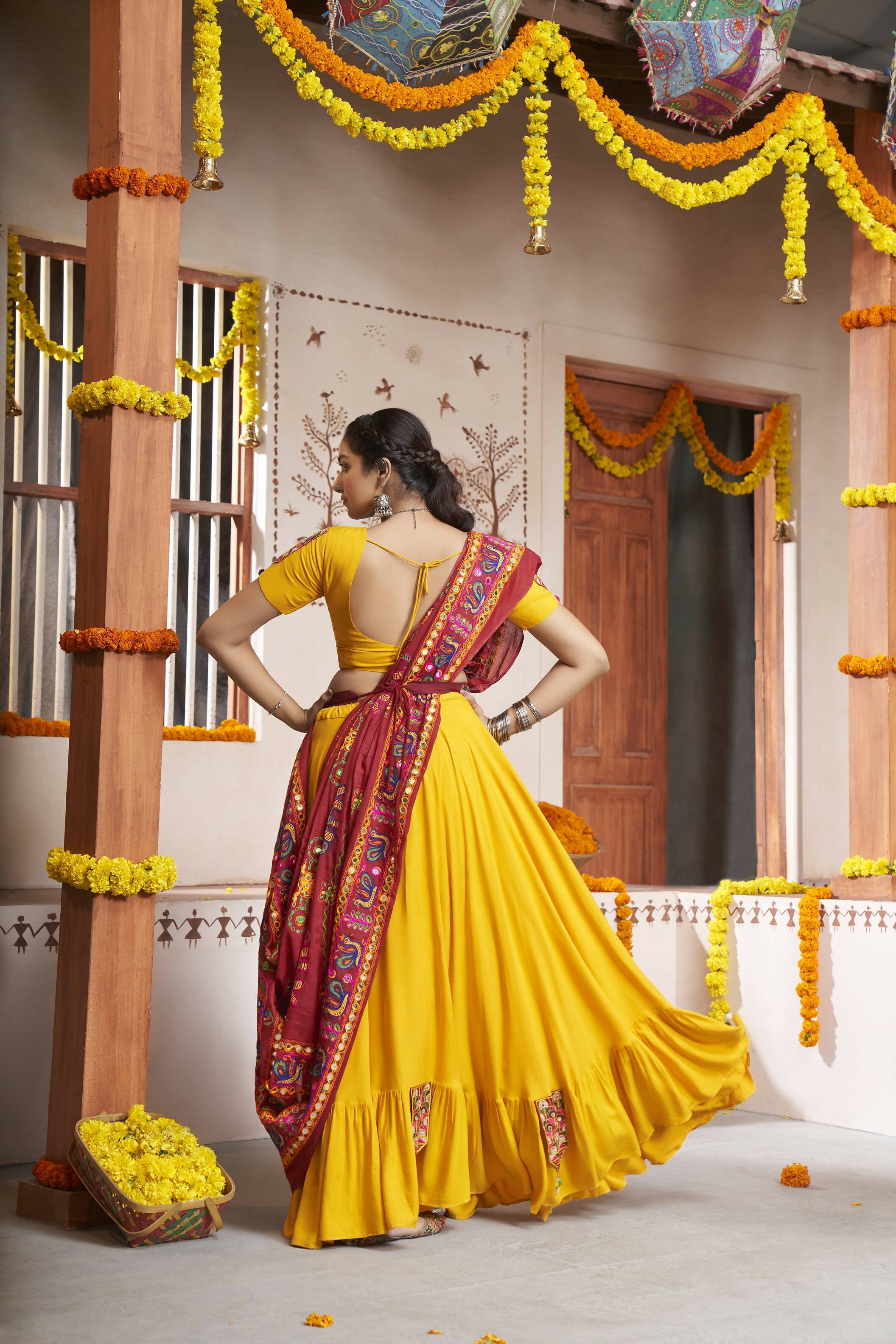 Yellow Viscose Rayon Thread Embroidery with mirror work Navratri Lehenga Choli with Dupatta - Raas | Grocsy