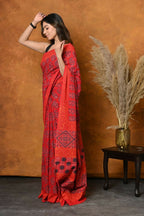 Very Much Indian Handblock Printed Cotton Saree With Natural Dyes - Red | Grocsy