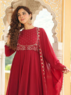 Janasya Maroon Georgette Embroidered Kurta,Bottom & Dupatta | Grocsy
