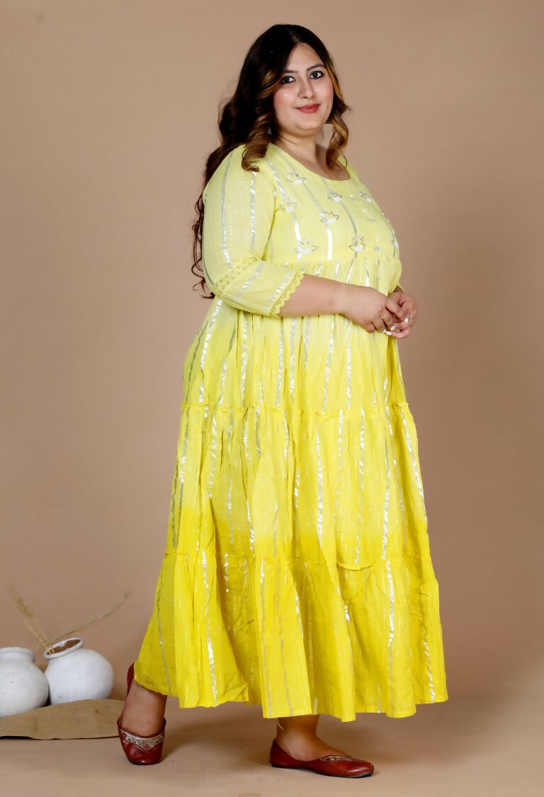 Miravan Women's Plus Size Cotton Embroidery And Lace Work Yellow Party Wear Anarkali Kurta | Grocsy
