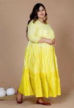 Miravan Women's Plus Size Cotton Embroidery And Lace Work Yellow Party Wear Anarkali Kurta | Grocsy