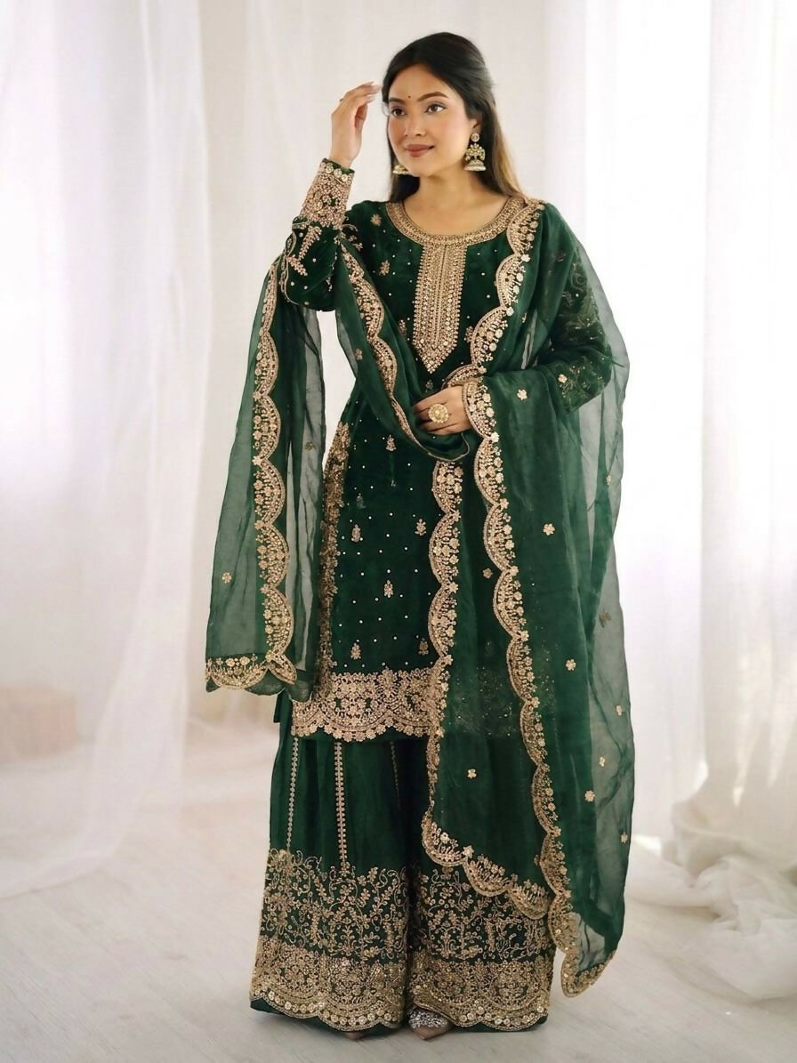 Teeya Creation Womens New Trendy Embroidery Coding And Sequence Work Green Kurta Set | Grocsy