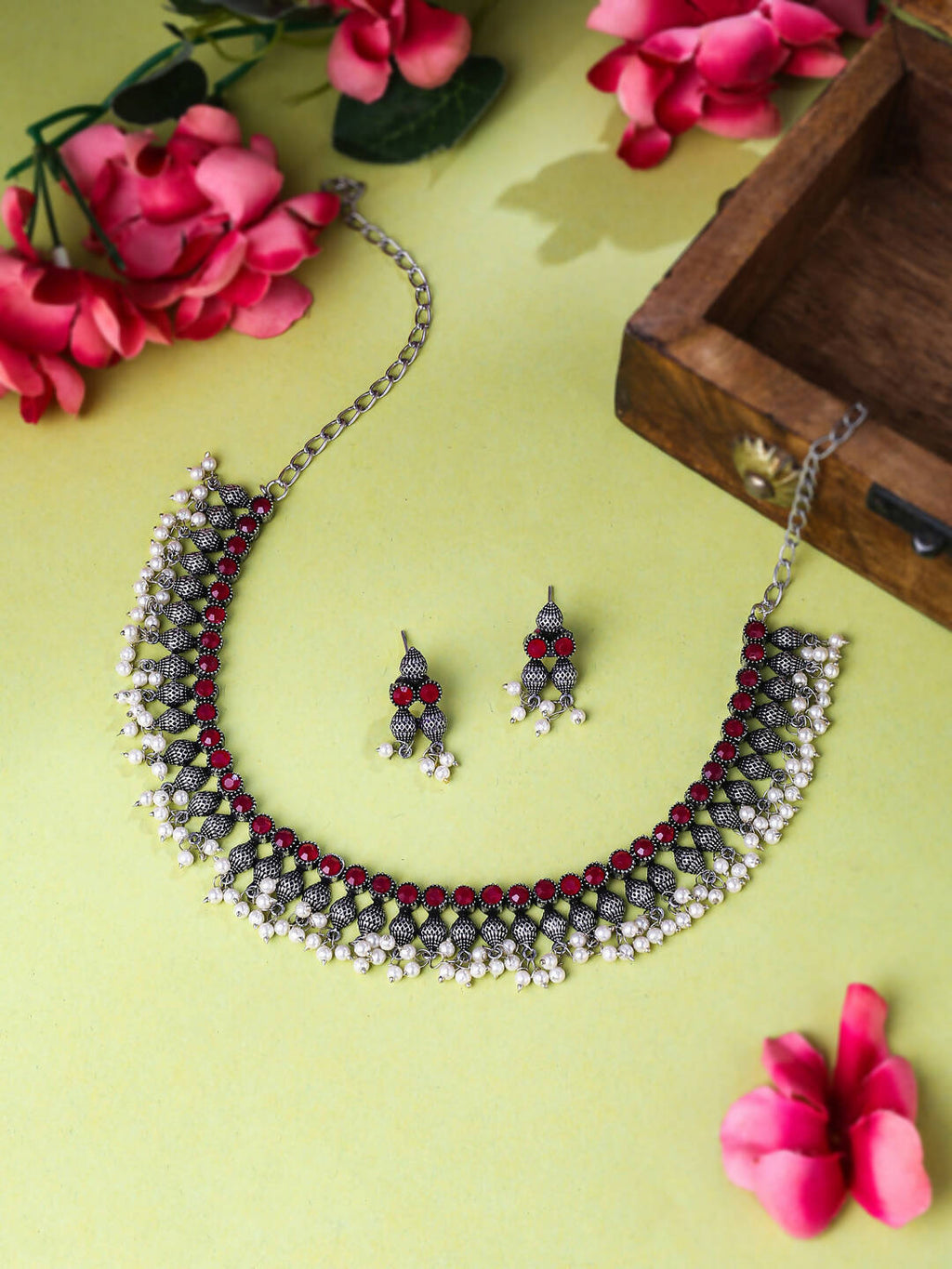 NVR Women Silver-Plated Stone Studded Oxidised Silver Jewellery Set | Grocsy