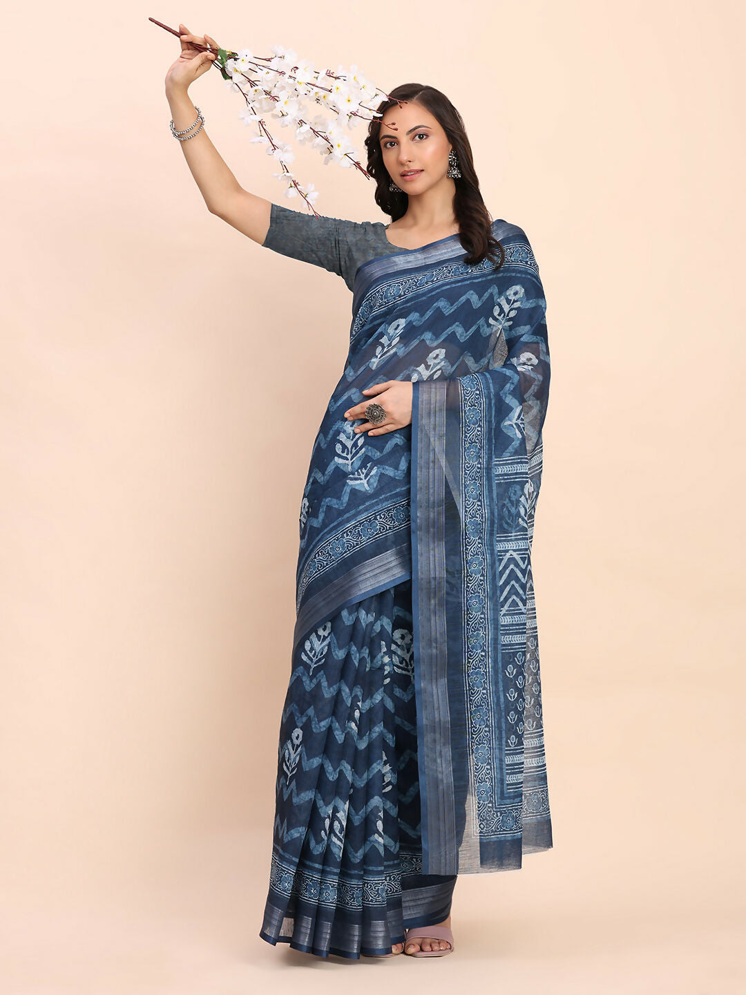 Shree Shyam Fashion Linen Cotton Indigo Blue Saree | Grocsy