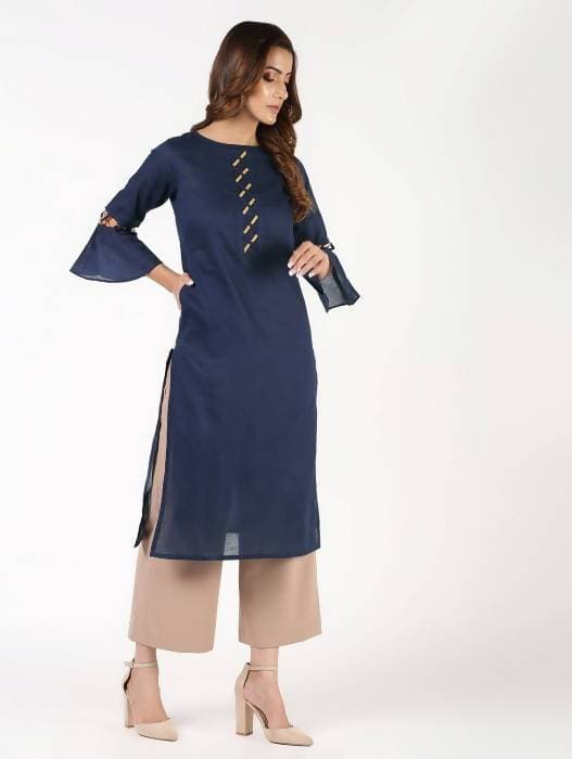 Aniyah Cotton Criss Cross Bell Sleeves Navy Blue Straight Kurta (AN-145K) | Grocsy