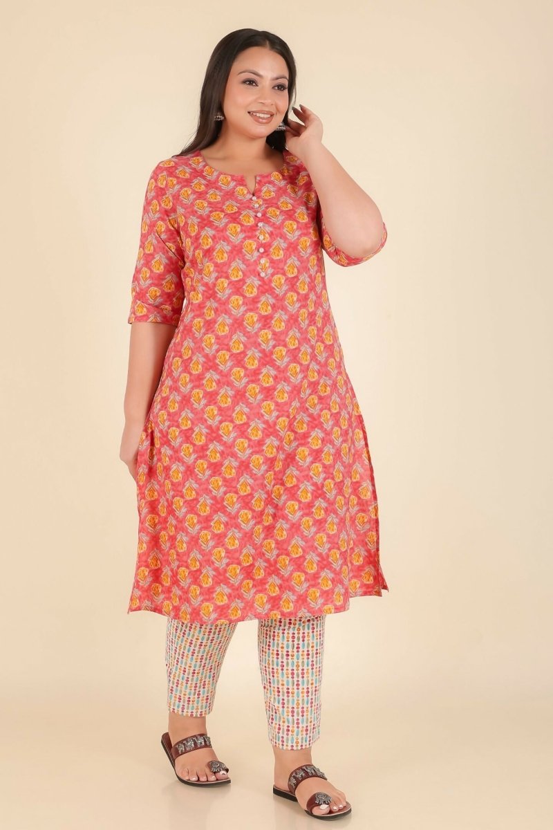 Aramya Peach Soft Cotton Floral Print A-line Kurta Set for Women | Grocsy