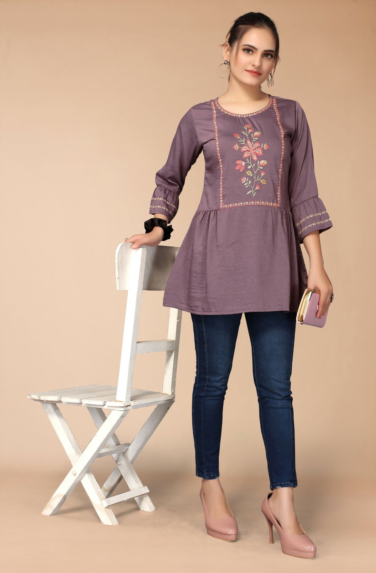 Women's Purple Viscose blend Embroidered Short Top - Marina | Grocsy