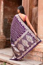 Joban Fashion Plum Purple Hand Woven & Zari Work Katan Pure Handloom Banarasi Silk Saree | Grocsy