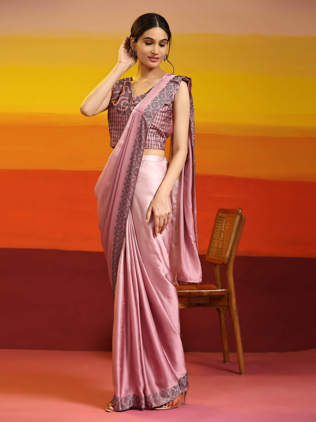 Purple Ombre Satin Georgette Plain Ready to wear Saree with stitched Blouse - Vrinda | Grocsy