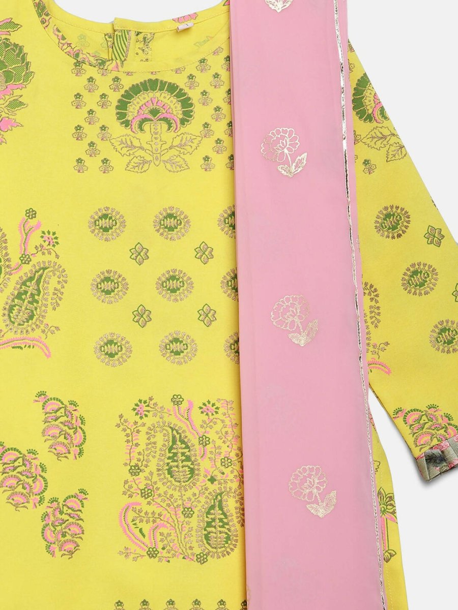 Ahalyaa Yellow Viscose Rayon Straight Kids Kurta Pants With Dupatta For Girls | Grocsy