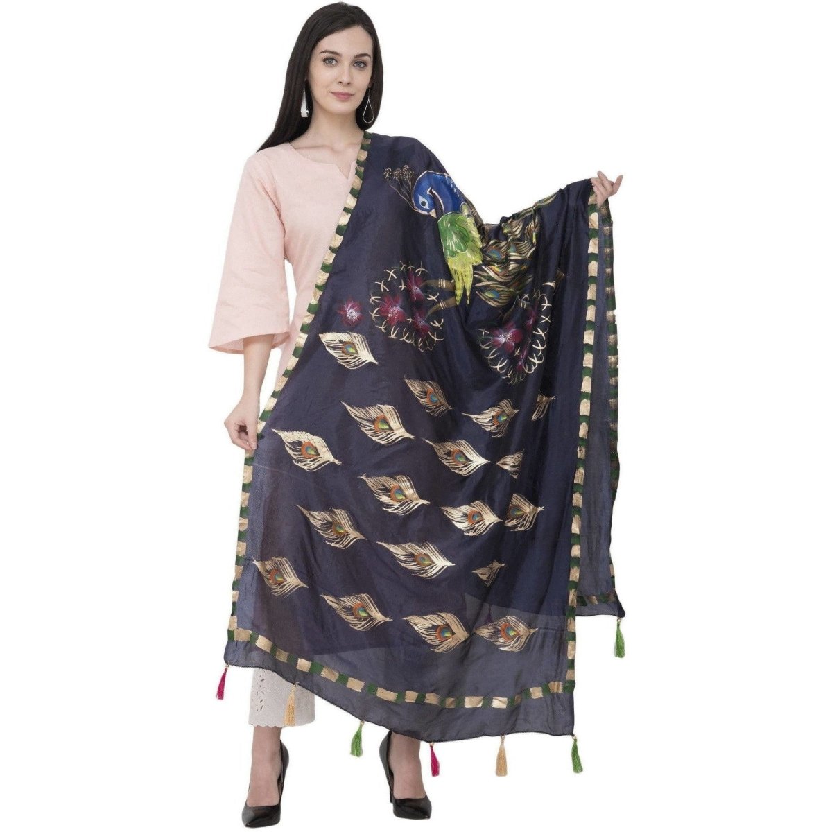 A R Silk Silk Peacock Multi Fancy Dupatta Color Navy Dupatta or Chunni | Grocsy