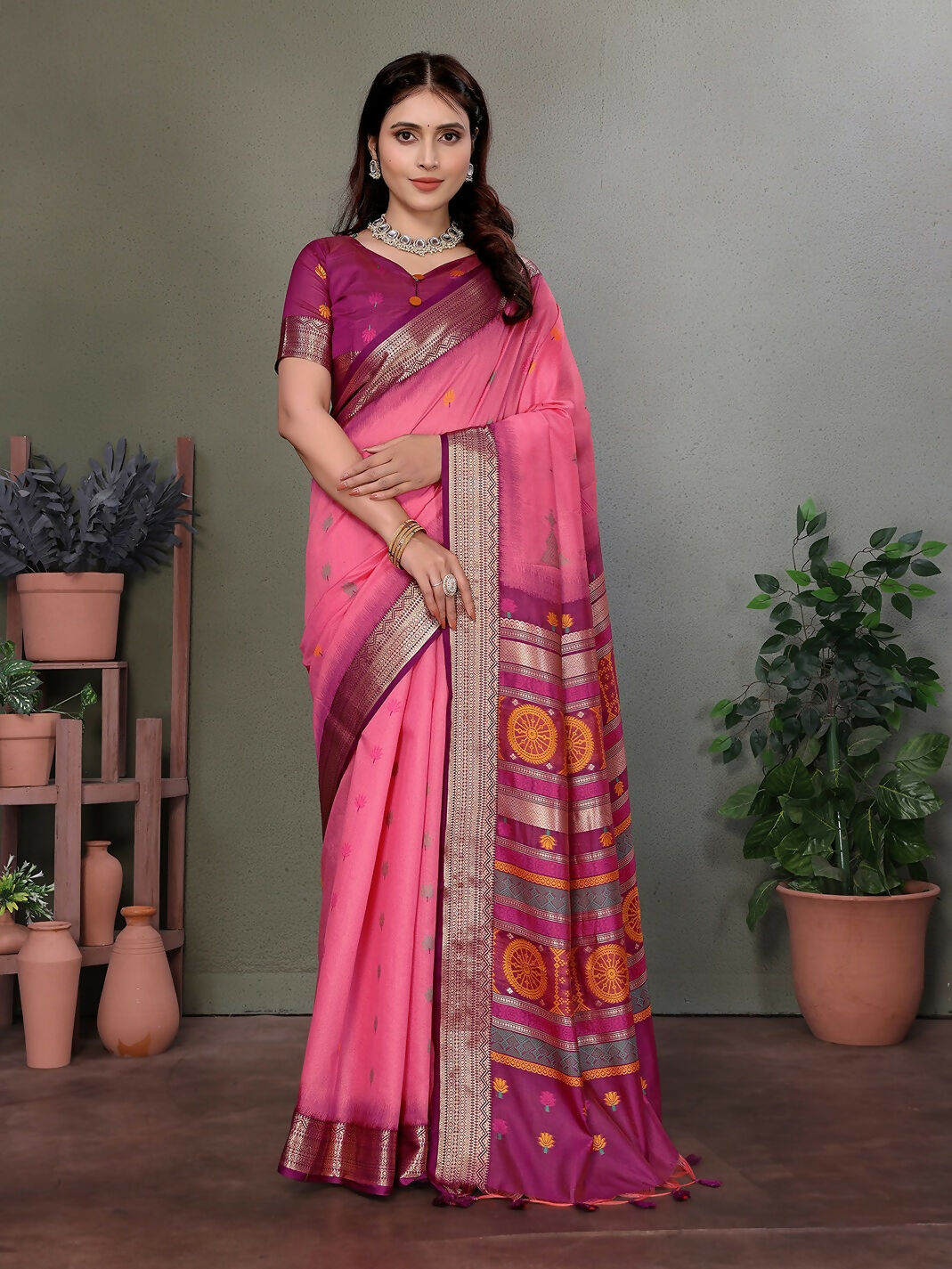 Joban Fashion Pink Floral Banarasi Silk Sarees | Grocsy