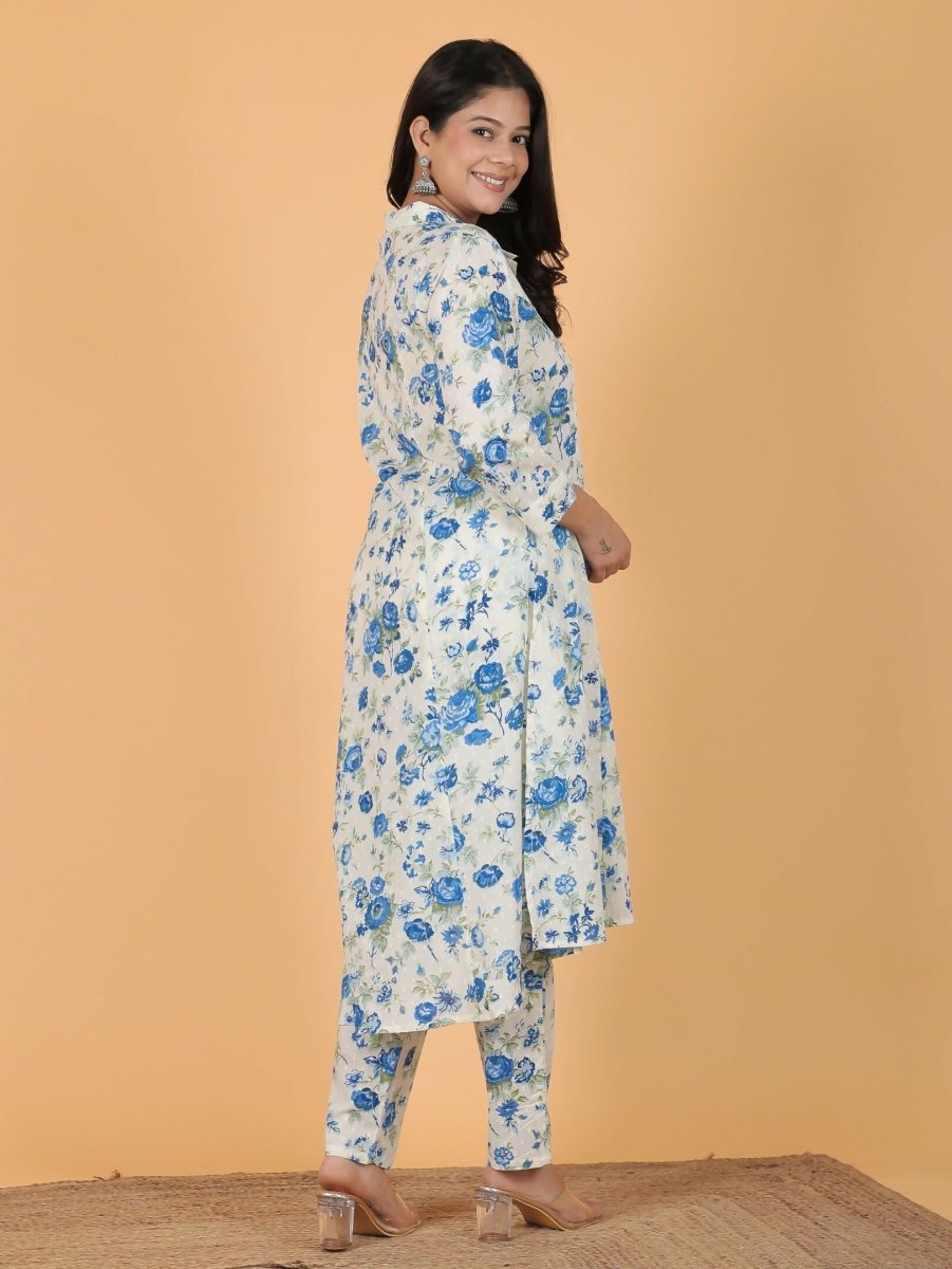 Aramya White Textured Cotton Floral Print High Low Kurta Set for Women | Grocsy