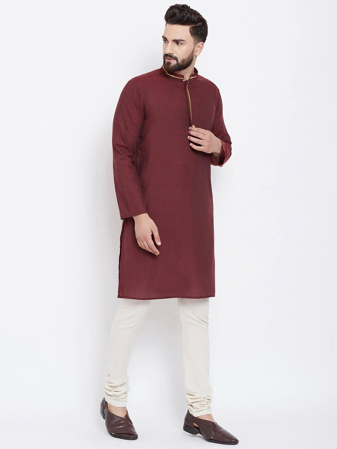 Even Apparels Maroon Pure Cotton Men's Kurta With Band Collar | Grocsy