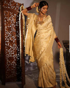 DEIANA'S Beautiful Designer Golden zari Soft Lichi Silk Saree - Cream | Grocsy