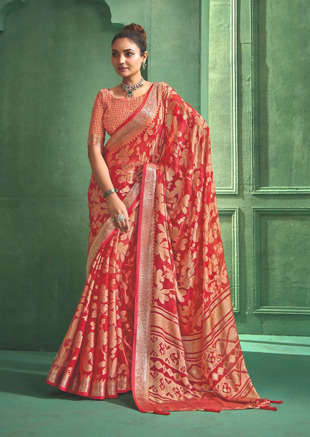 Joban Fashion Redbull Moss Brasso With Kasab Zari Border Saree & Tassels With Brasso Blouse | Grocsy