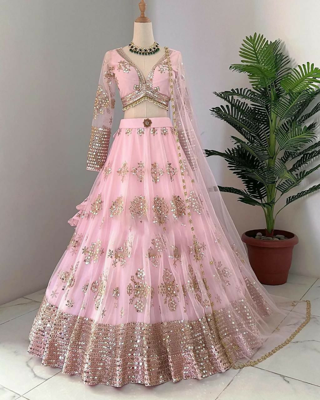Jyoti Fashion Women's Baby Pink Butterfly Net 9MM Sequins with Thread Embroidered Designer Lehenga Choli Set | Grocsy