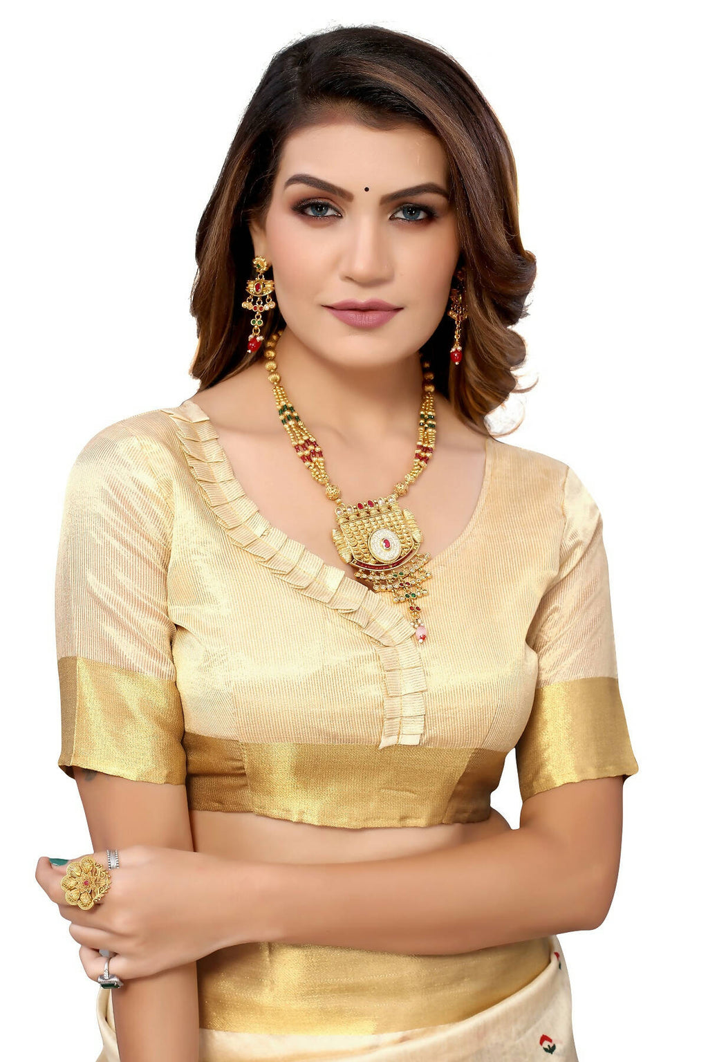 Vamika Cream Weaving Cotton Polyester Silk Saree | Grocsy