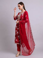 Joban Fashion Mahroon Cotton Floral Printed & Embroidery Work Kurta With Trousers & Dupatta Set | Grocsy