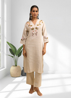 Joban Fashion Beige Linen Embroidered Readymade Long Kurta With Pant | Grocsy