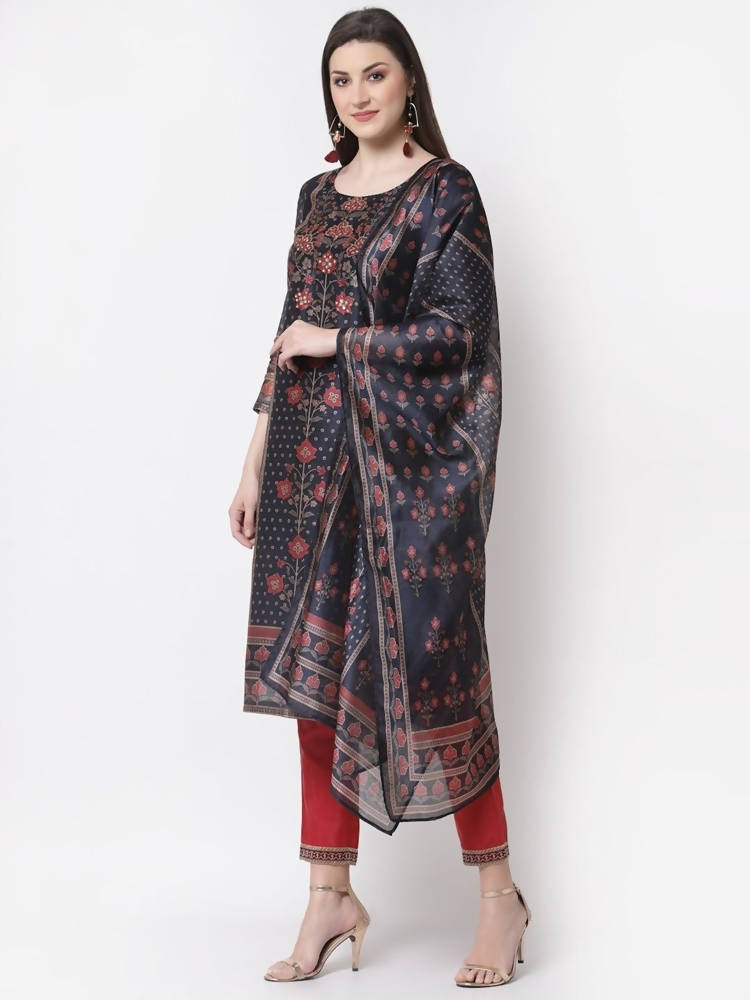 Myshka Blue Color Chanderi silk Printed Kurta With Pant Dupatta Set | Grocsy