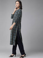 Yufta Teal Blue & Black Printed Pure Cotton Kurta with Palazzo | Grocsy