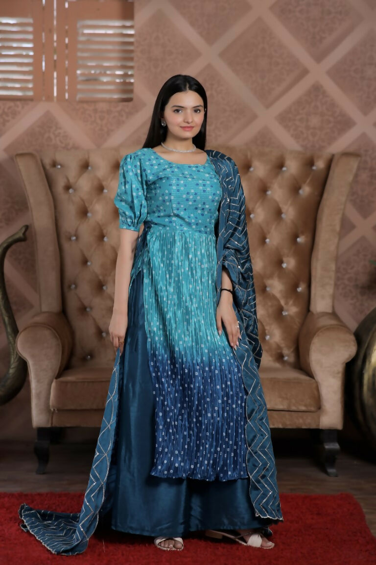 Jyoti Fashion Women's Blue Muslin Floral Print with Crush Pleating Kurta with Trouser & Dupatta | Grocsy