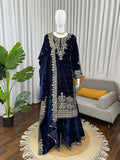Vastranavya Blue Viscose Velvet Cording Sequence With Moti Work Top-Bottom With Dupatta | Grocsy