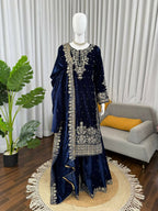 Vastranavya Blue Viscose Velvet Cording Sequence With Moti Work Top-Bottom With Dupatta | Grocsy