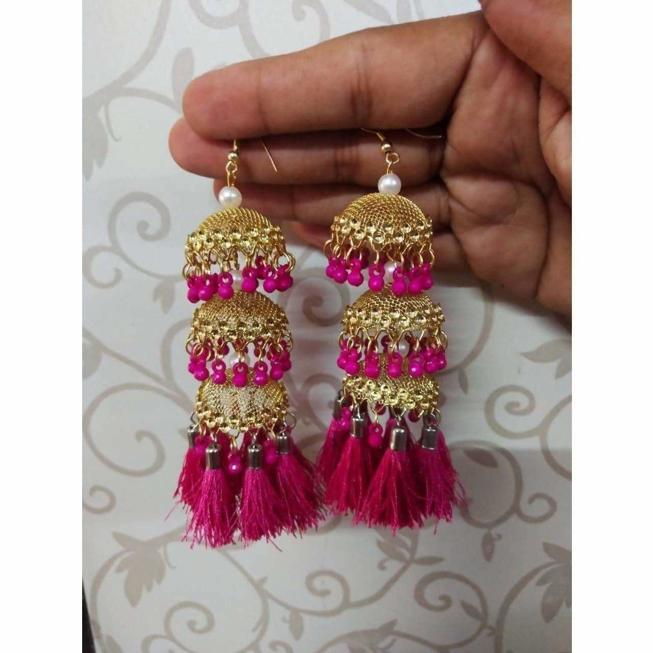 MS Fashion India Gold Color Pink Pearls And Silk Threads Hanging Jhumka Earrings | Grocsy