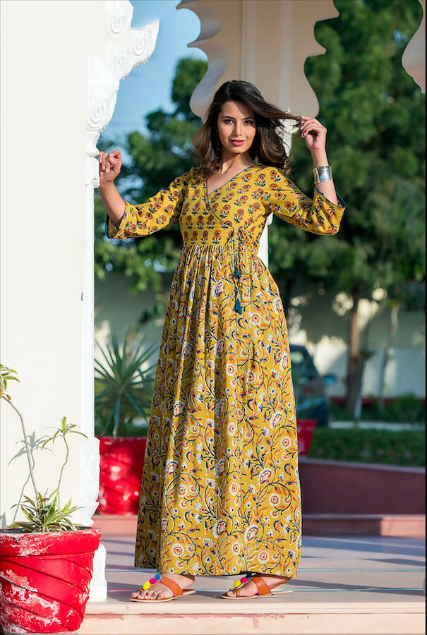 Partywear Designer Yellow Pure Maslin Gown - Anbazaar | Grocsy