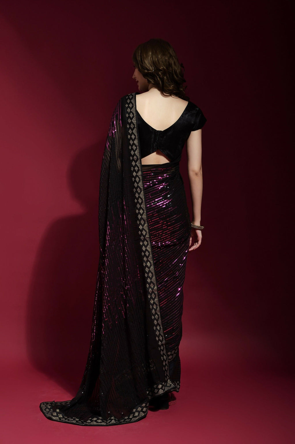 Vegaa Fashion Black Georgette Embroidered Party Wear Saree | Grocsy