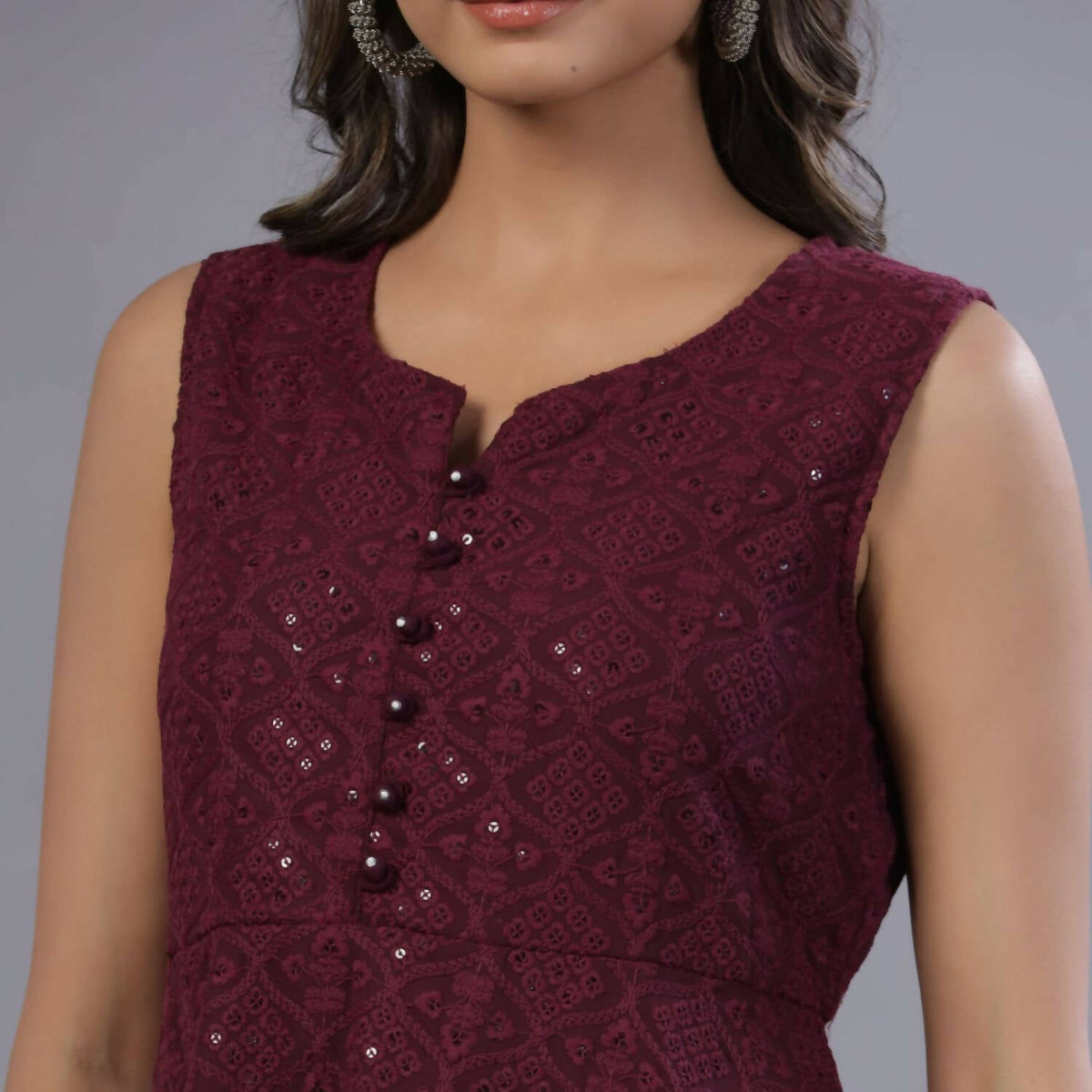 Juniper Women Wine Georgette Embroidered Peplum Tunic | Grocsy