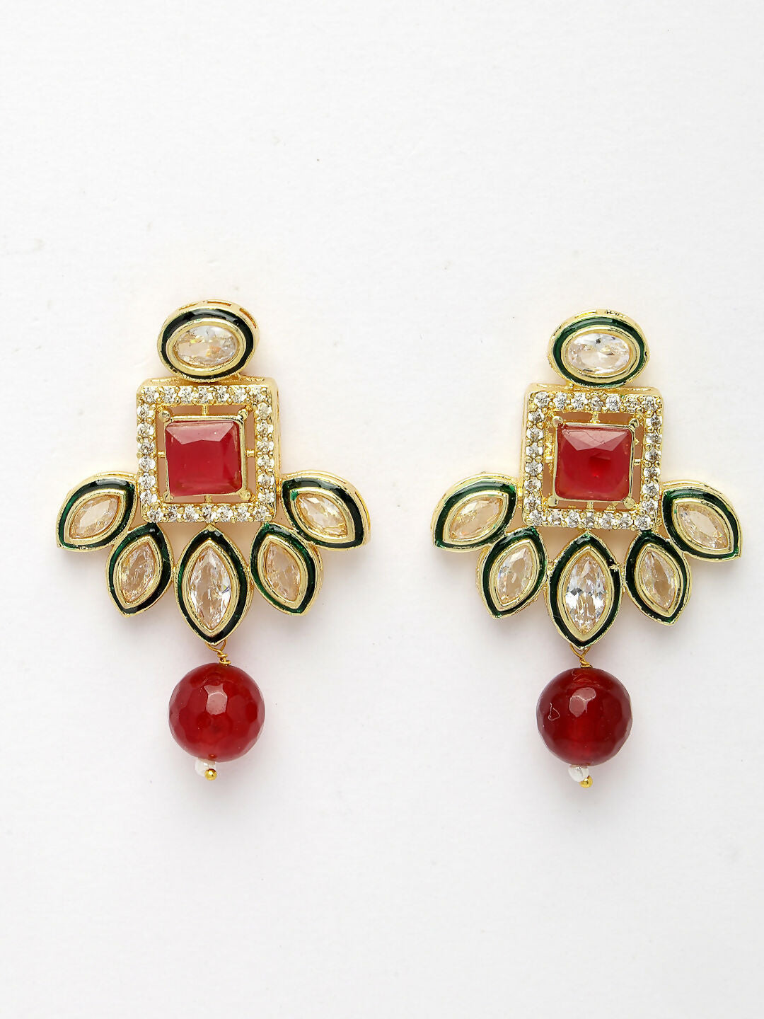 NVR Women's Red Kundan-Studded & Beaded Handcrafted Jewellery Set | Grocsy