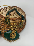 Terracotta Dark Green Crown Pendant Long Necklace Set Paired with Hanging Temple Jhumkas | Grocsy