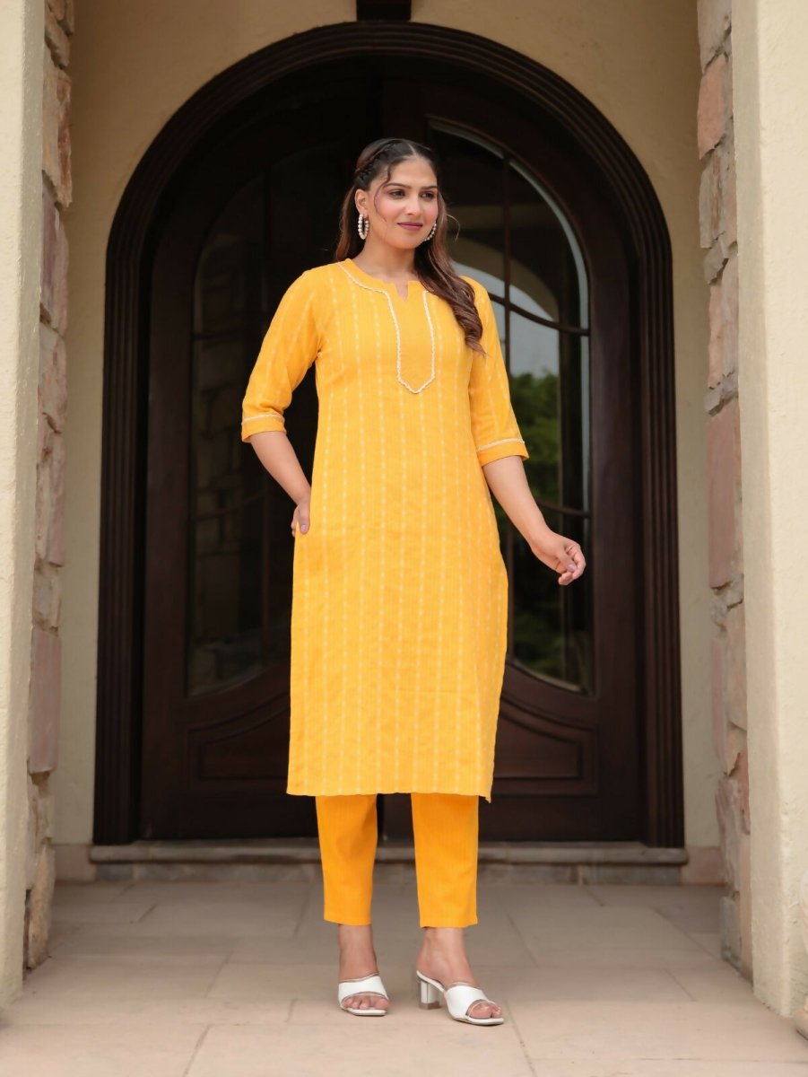 Aramya Straight Kantha Cotton Woven Design Print Women's Kurta - Yellow | Grocsy