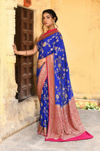 Joban Fashion Ink Blue Crepe Chiffon Pure Handloom Banarasi Silk Saree | Grocsy
