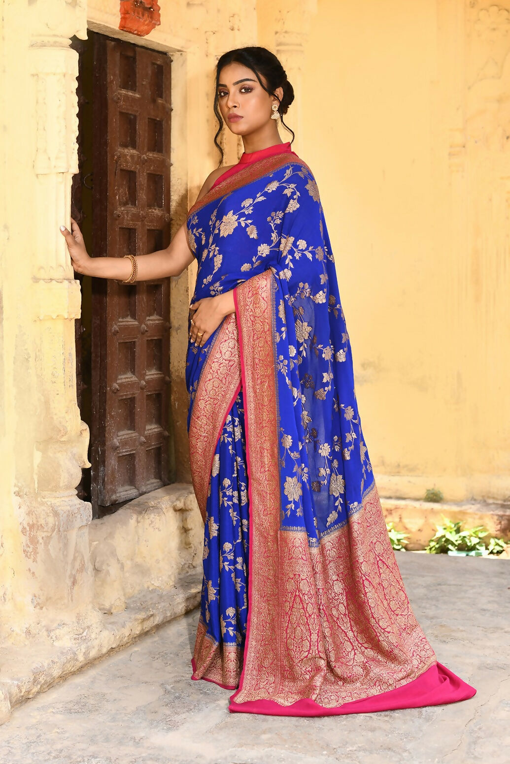 Joban Fashion Ink Blue Crepe Chiffon Pure Handloom Banarasi Silk Saree | Grocsy