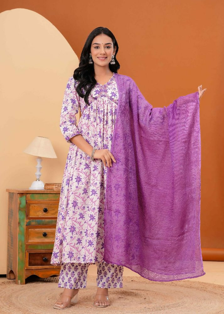 Jaimini Women Cotton Printed V-Neck 3/4 Sleeves Calf Length Alia Cut Kurta Pant And Dupatta Set | Grocsy