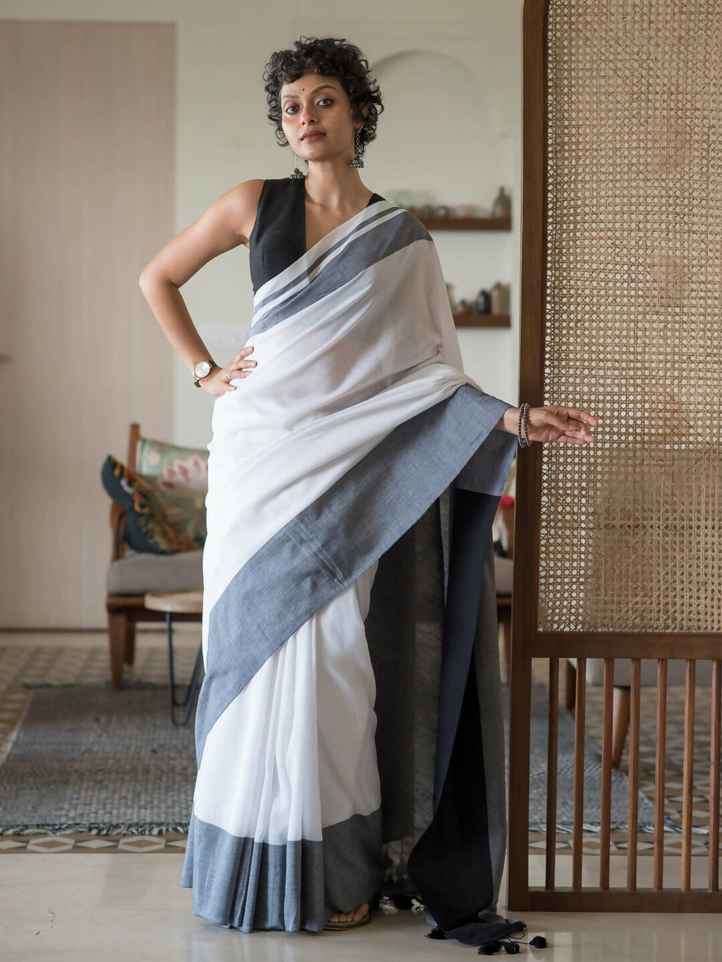 Suta White Woven Design Cotton Blend Saree | Grocsy