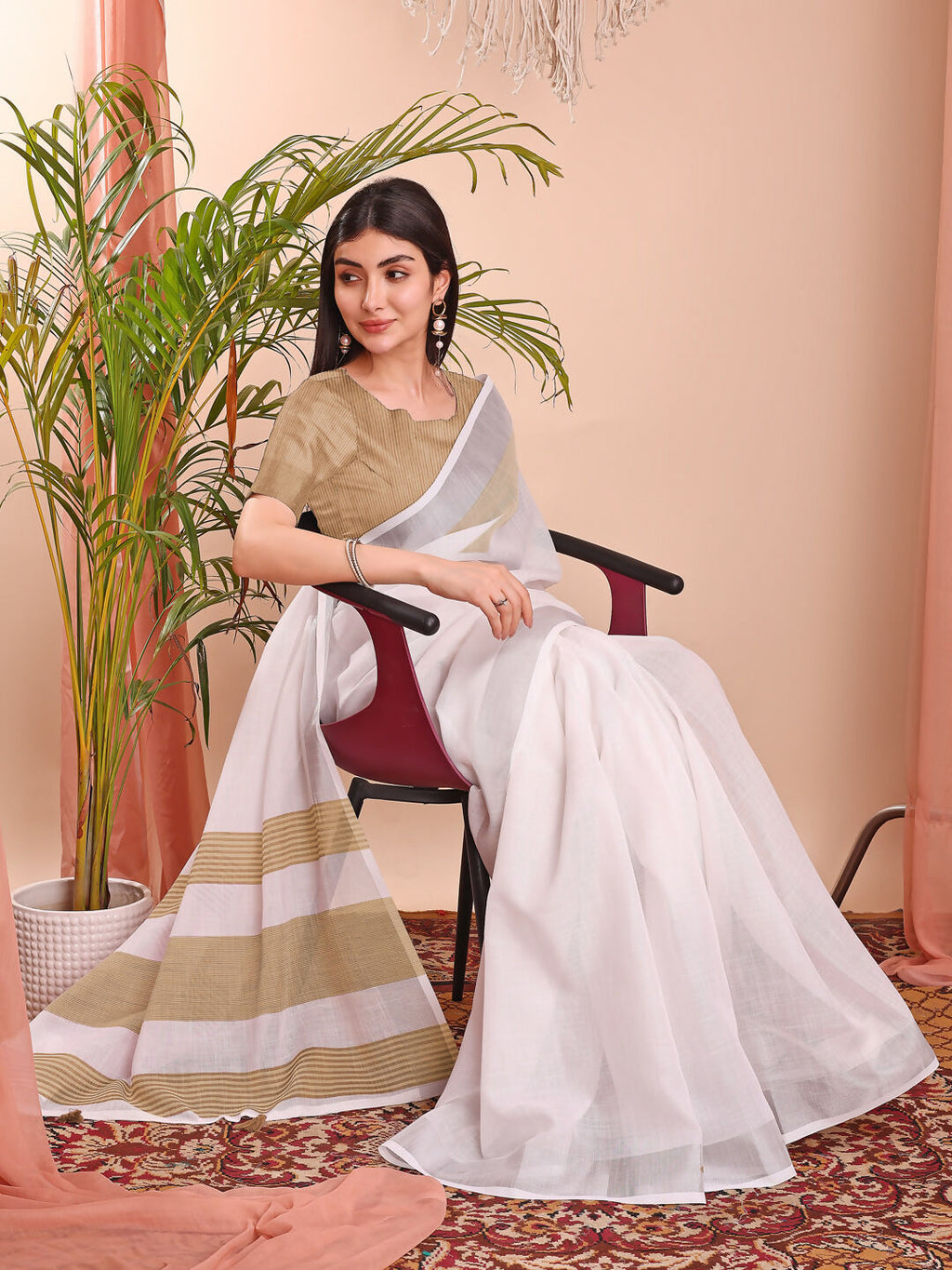 Shree Shyam Fashion The White Loom White Linen Cotton Saree | Grocsy