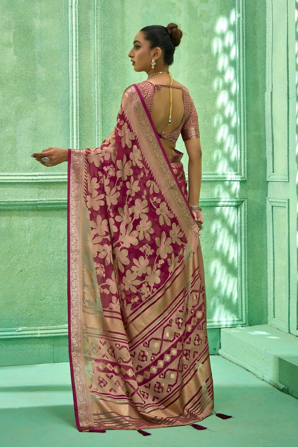 Joban Fashion Deep Magenta Dull Moss Brasso With Kasab Zari Border Saree & Tassels With Brasso Blouse | Grocsy