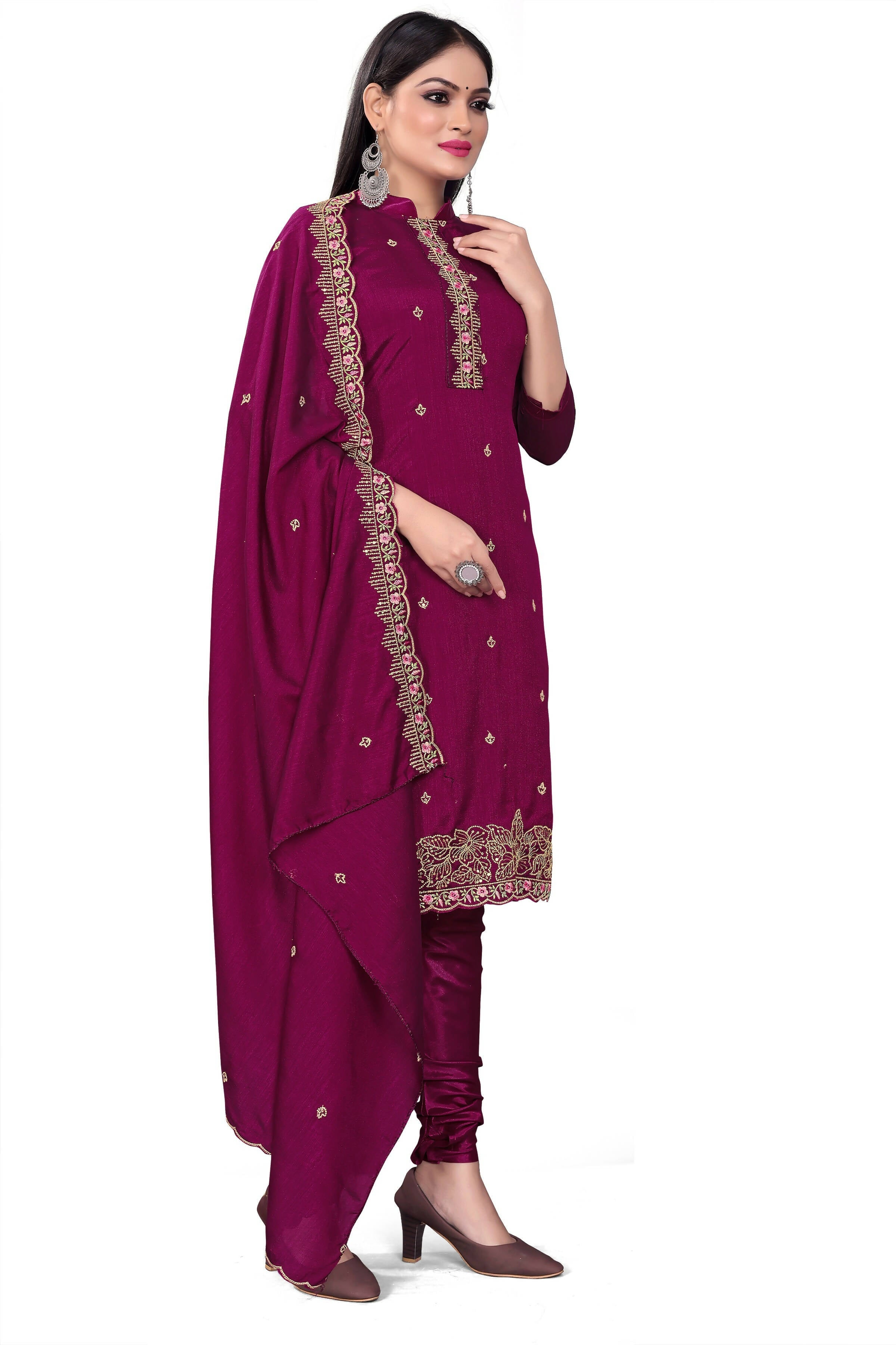Purple Silk Embroidered with Sequins work Unstitched Dress Material - Tanvi | Grocsy